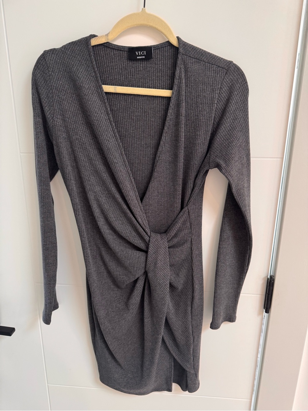 NEW VICI Charcoal Gray Ribbed V-Neck Knot Front Knit dress Medium